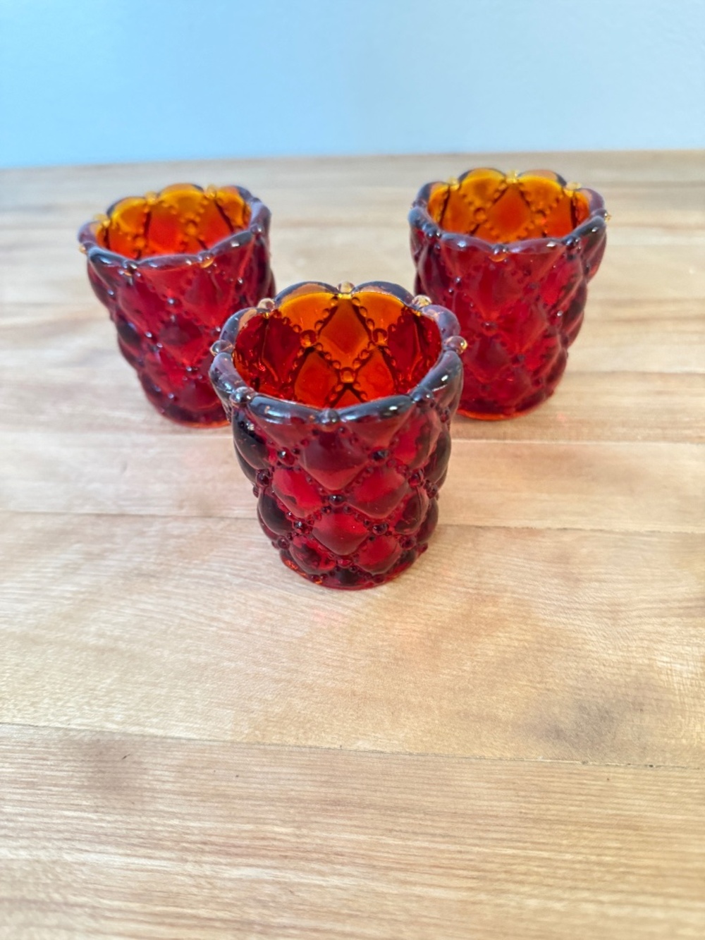 Amberina Diamond Quilt Glass Votive Holders Set of 3